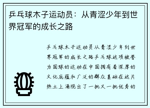 乒乓球木子运动员：从青涩少年到世界冠军的成长之路